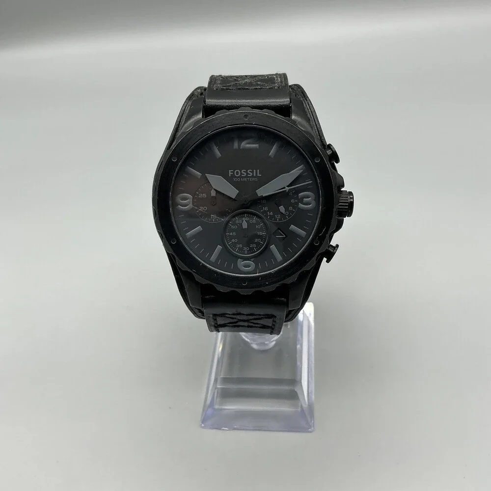 Fossil Nate JR1510 Mens Watch 46mm Black Leather Chronograph New Battery